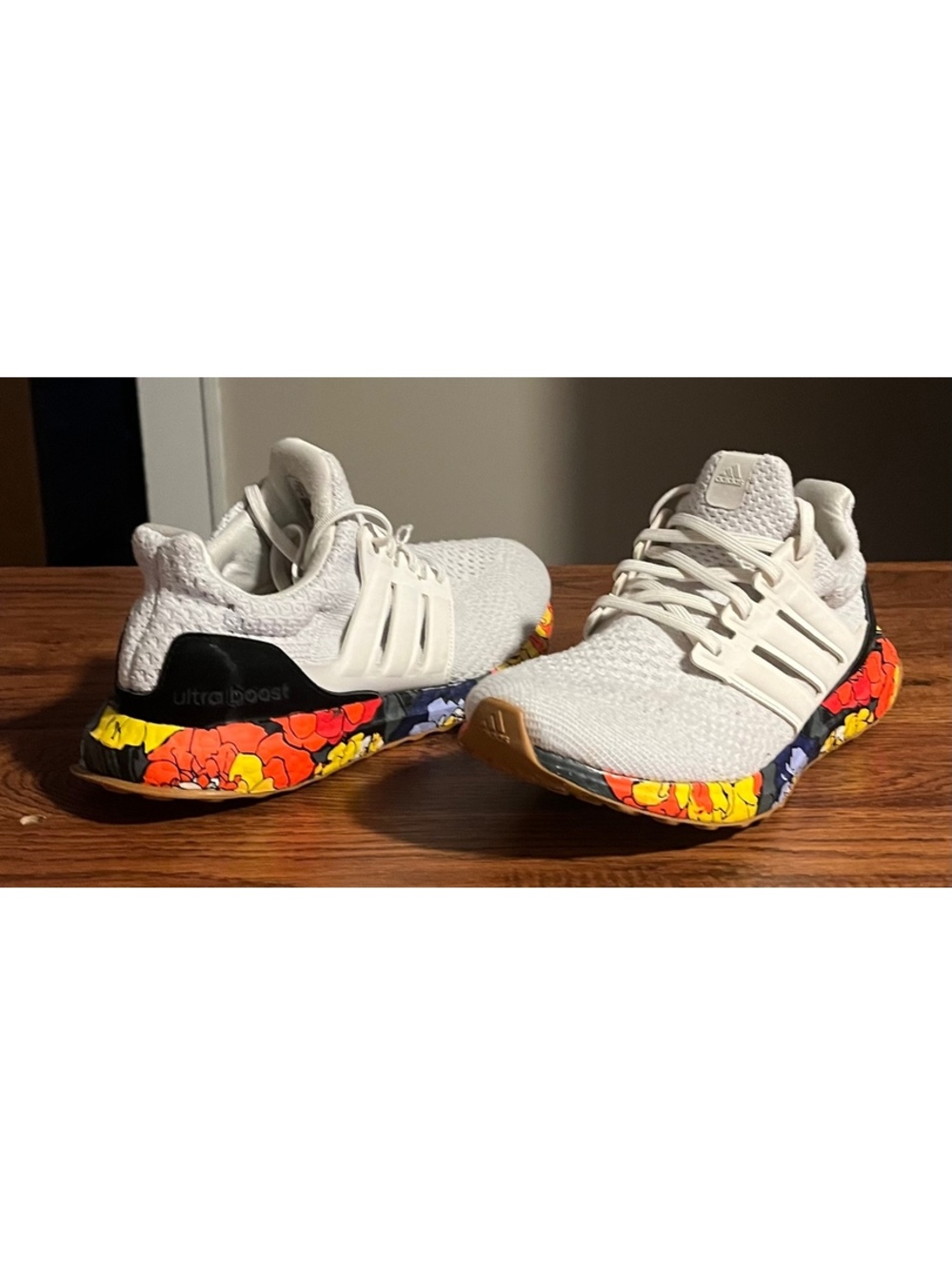 Adidas Ultra Boost White Running Shoes Size 8 with Floral-Em